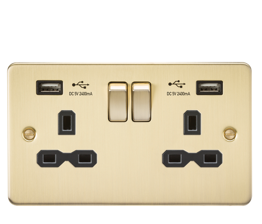 Knightsbridge FPR9224BB Flat Plate 13A 2G Switch Socket + 2xUSB 2.4A - Brushed Brass + Black Insert - westbasedirect.com