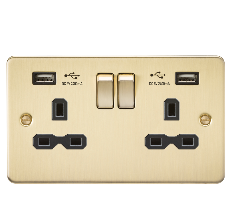 Knightsbridge FPR9224BB Flat Plate 13A 2G Switch Socket + 2xUSB 2.4A - Brushed Brass + Black Insert - westbasedirect.com