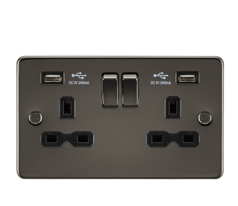 Knightsbridge FPR9224GM Flat Plate 13A 2G Switch Socket + 2xUSB 2.4A - Gunmetal + Black Insert - westbasedirect.com