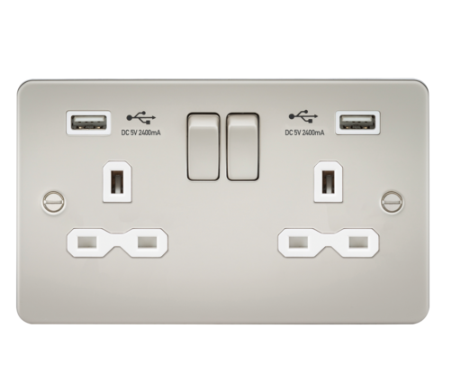 Knightsbridge FPR9224PLW Flat Plate 13A 2G Switch Socket + 2xUSB 2.4A - Pearl + White Insert - westbasedirect.com