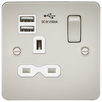Knightsbridge FPR9901PLW Flat Plate 13A 1G Switch Socket + 2xUSB 2.1A - Pearl + White Insert