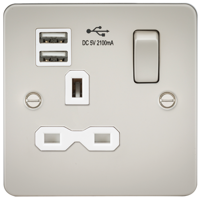 Knightsbridge FPR9901PLW Flat Plate 13A 1G Switch Socket + 2xUSB 2.1A - Pearl + White Insert - westbasedirect.com