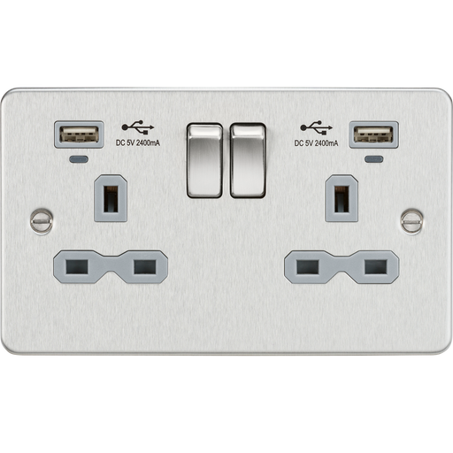 Knightsbridge FPR9904NBCG Flat Plate 13A 2G Switch Socket + USB 2.4A - Brushed Chrome + Grey Insert - westbasedirect.com