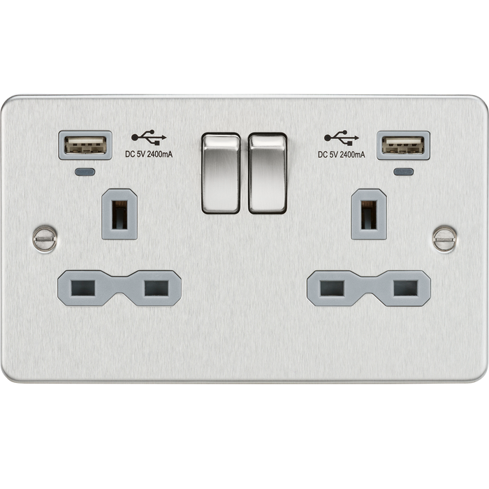 Knightsbridge FPR9904NBCG Flat Plate 13A 2G Switch Socket + USB 2.4A - Brushed Chrome + Grey Insert - westbasedirect.com