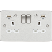 Knightsbridge FPR9904NBCW Flat Plate 13A 2G Switch Socket + USB 2.4A - Brushed Chrome + White Insert