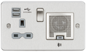 Knightsbridge FPR9905BCG Flat Plate 13A Socket + USB 2.4A + BT Speaker - Brushed Chrome + Grey Insert - westbasedirect.com