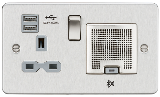 Knightsbridge FPR9905BCG Flat Plate 13A Socket + USB 2.4A + BT Speaker - Brushed Chrome + Grey Insert - westbasedirect.com