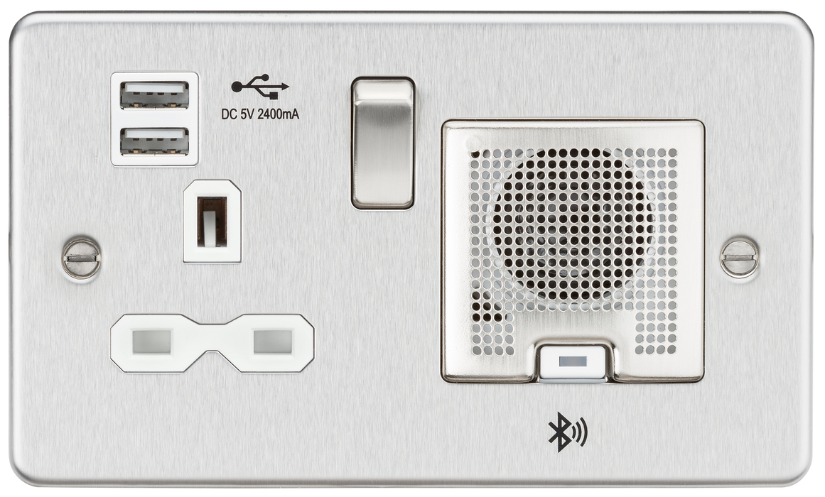 Knightsbridge FPR9905BCW Flat Plate 13A Socket + USB 2.4A + BT Speaker - Brushed Chrome + White Insert - westbasedirect.com
