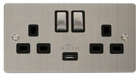 Click Define FPSS570BK Flat Plate 13A Ingot 2G Switched Socket + 1x2.1A USB - Stainless Steel (Black)
