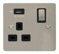 Click Define FPSS571UBK Flat Plate 13A Ingot 1G Switched Socket + 1x2.1A USB - Stainless Steel (Black)