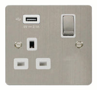 Click Define FPSS571UWH Flat Plate 13A Ingot 1G Switched Socket + 1x2.1A USB - Stainless Steel (White)
