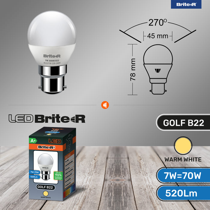 Brite-R 7W B22 BC Golf LED Bulb Warm White 3000K - westbasedirect.com