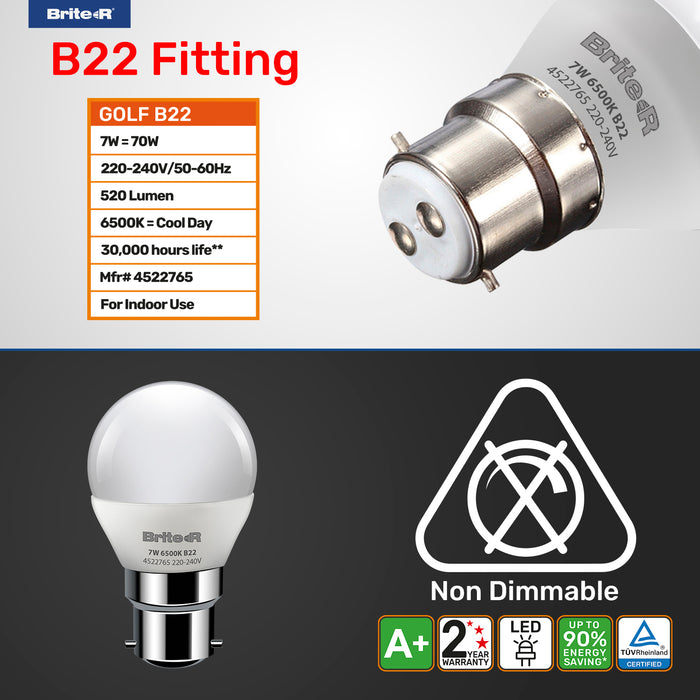 Brite-R 7W B22 BC Golf LED Bulb Cool White 6500K - westbasedirect.com