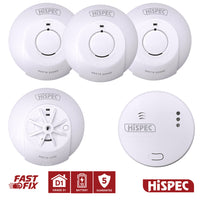 HiSPEC MAINS Power INTERCONNECTABLE 3x Smoke, 1x Heat & 1x CO Detector FF10 with 10Yr Rechargeable Lithium Battery Backup