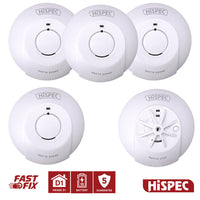 HiSPEC MAINS Power INTERCONNECTABLE 4x Smoke & 1x Heat Detector FF10 with 10Yr Rechargeable Lithium Battery Backup