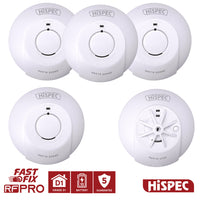 HiSPEC MAINS Power RADIO FREQUENCY 4x Smoke & 1x Heat Detector RF10-PRO with 10Yr Rechargeable Lithium Battery Backup