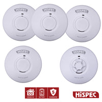HiSPEC Mains Powered INTERCONNECTABLE 4x Smoke & 1x Heat Alarm with 9V Battery Back-Up