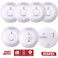 HiSPEC MAINS Power INTERCONNECTABLE 5x Smoke, 1x Heat & 1x CO Detector FF10 with 10Yr Rechargeable Lithium Battery Backup