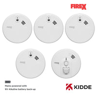 Kidde Firex 4x KF20 Optical Smoke & 1x KF30 Heat Alarm Kit Mains Powered with 9V Alkaline Battery Back-Up
