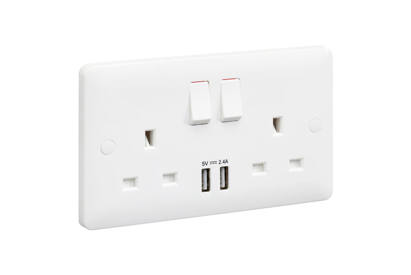 MK Base MB24344WHI White Moulded 13A 2G DP Switched Socket + 2xUSB 2.4A - westbasedirect.com