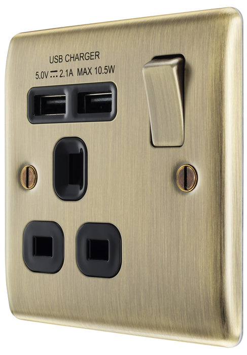 BG NAB21U2B Nexus Metal Single Socket + 2x USB /Black Insert - Antique Brass - westbasedirect.com