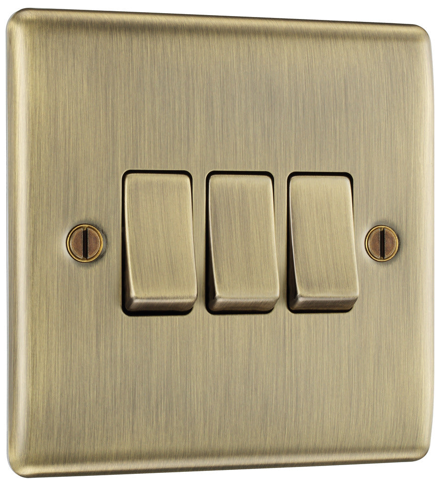 NAB43 Nexus Metal 16AX 2 Way Triple Light Switch Antique Brass