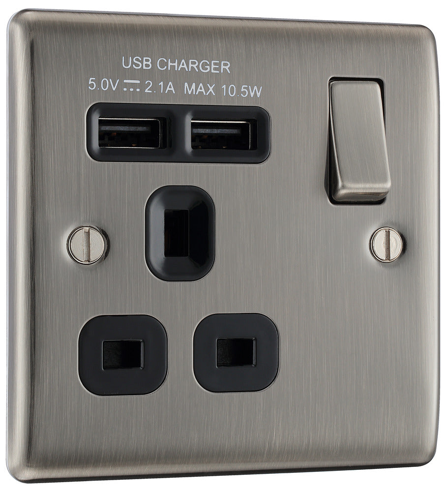 NBI21UB Nexus Metal Single Socket + 2x USB Black Insert Brushed Iridium