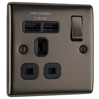BG NBN21U2B Nexus Metal Single Socket + 2x USB - Black Insert - Black Nickel