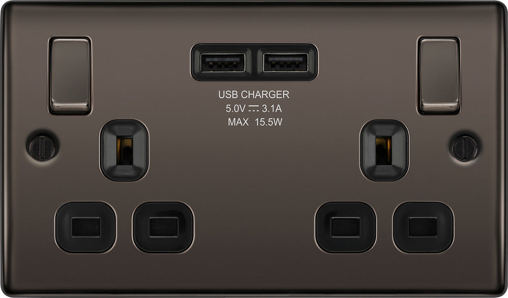 BG NBN22U3B Nexus Metal Double Socket + 2x USB(3.1A) - Black Insert - Black Nickel (10 Pack) - westbasedirect.com