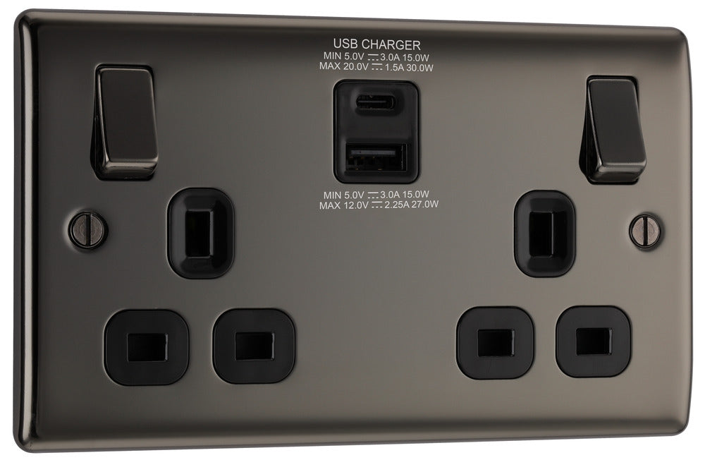 BG NBN22UAC30B Nexus Metal 13A Double Socket + USB A+C (30W) - Black Insert - Black Nickel - westbasedirect.com