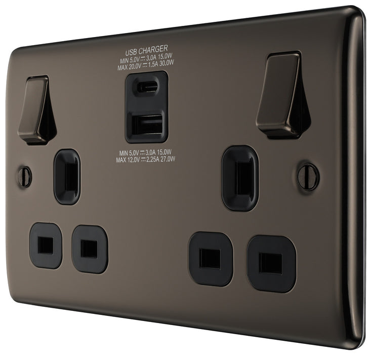 BG NBN22UAC30B Nexus Metal 13A Double Socket + USB A+C (30W) - Black Insert - Black Nickel - westbasedirect.com