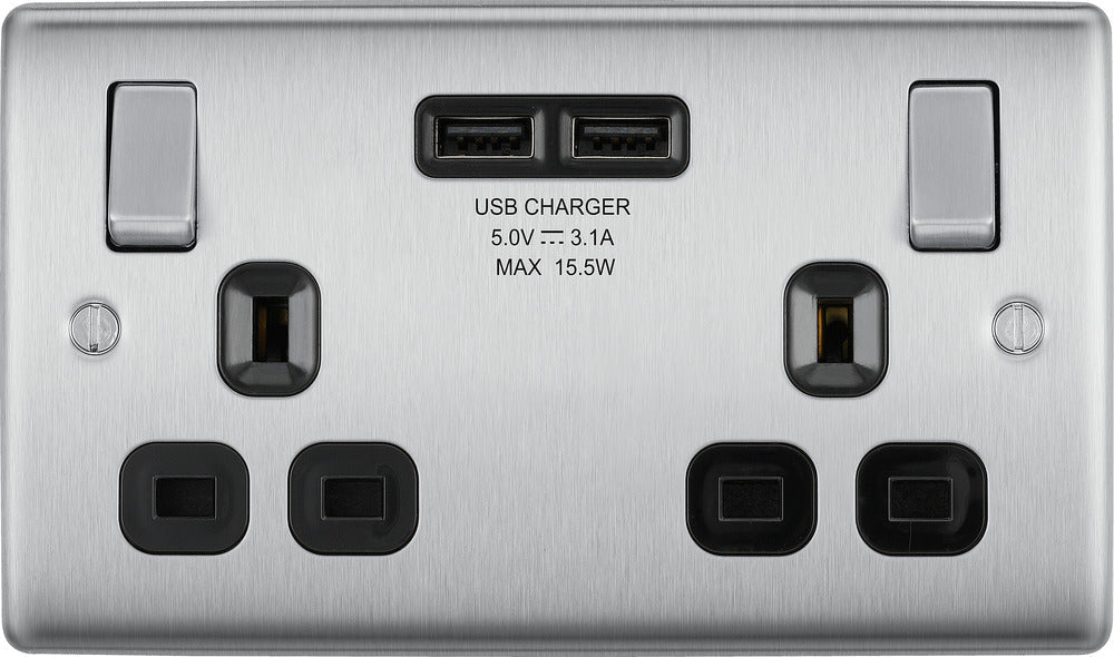 BG NBS22U3B Nexus Metal Double Socket + 2x USB(3.1A) /Black Insert - Brushed Steel (5 Pack) - westbasedirect.com