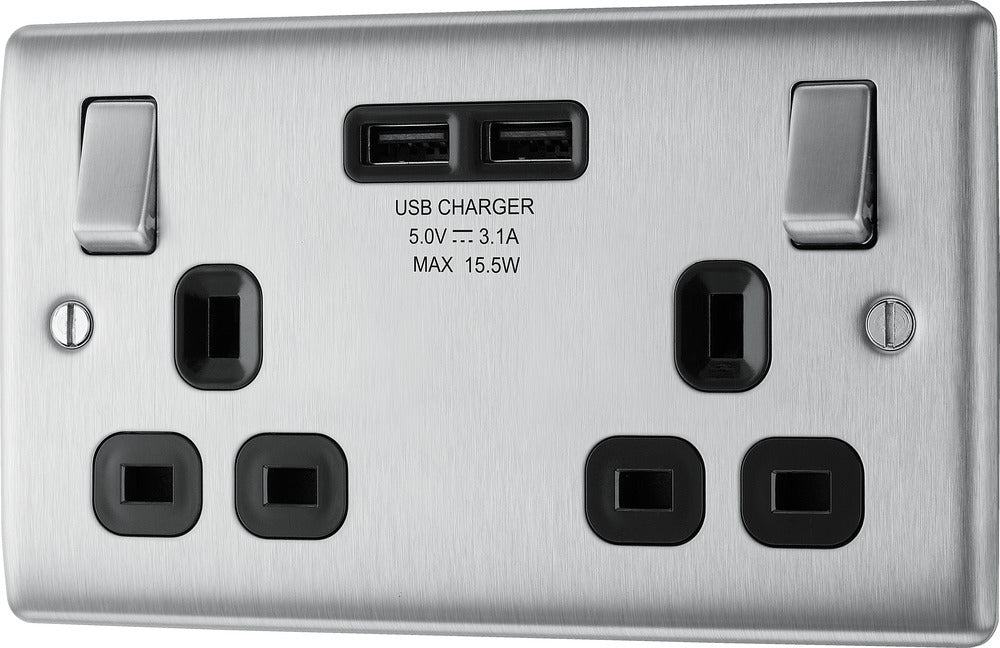 BG NBS22U3B Nexus Metal Double Socket + 2x USB(3.1A) /Black Insert - Brushed Steel (10 Pack) - westbasedirect.com