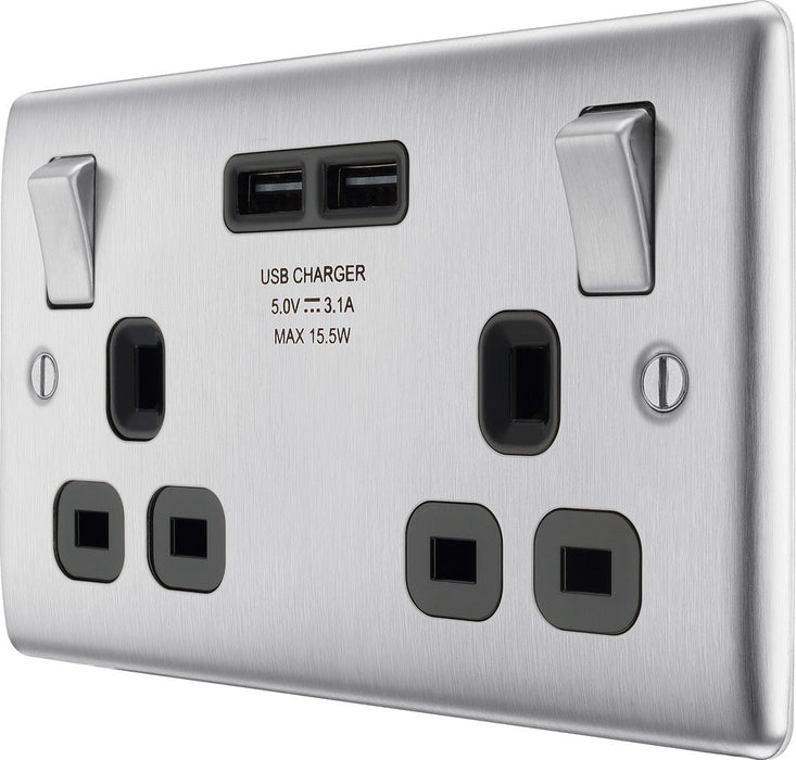 BG NBS22U3B Nexus Metal Double Socket + 2x USB(3.1A) /Black Insert - Brushed Steel (5 Pack) - westbasedirect.com