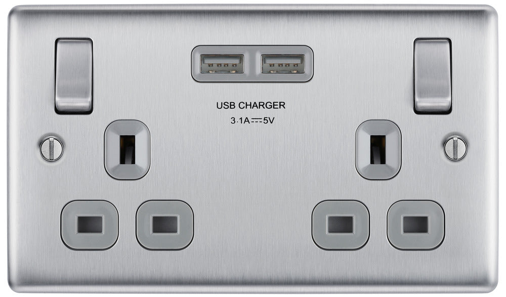 BG NBS22U3G Nexus Metal Double Socket + 2x USB(3.1A) - Grey Insert - Brushed Steel (10 Pack) - westbasedirect.com