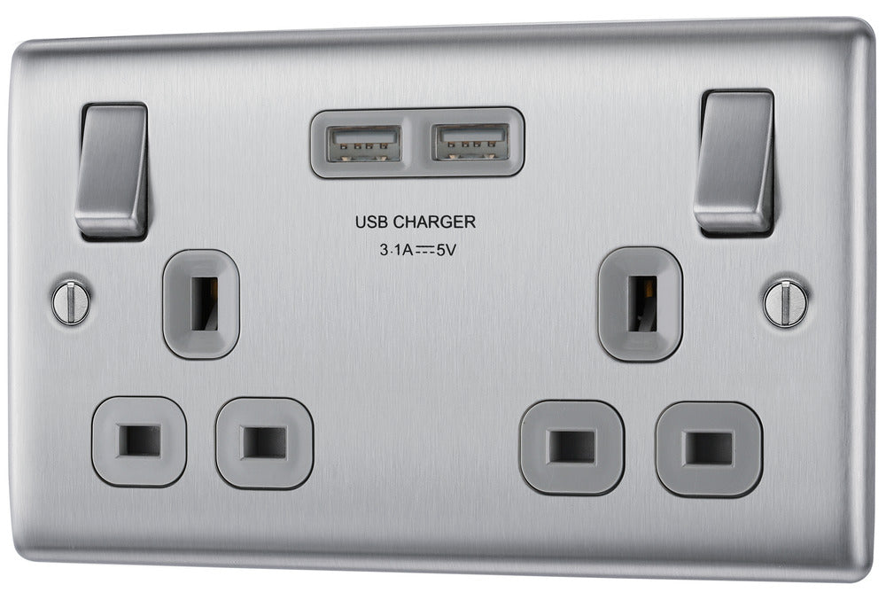 BG NBS22U3G Nexus Metal Double Socket + 2x USB(3.1A) - Grey Insert - Brushed Steel (10 Pack) - westbasedirect.com