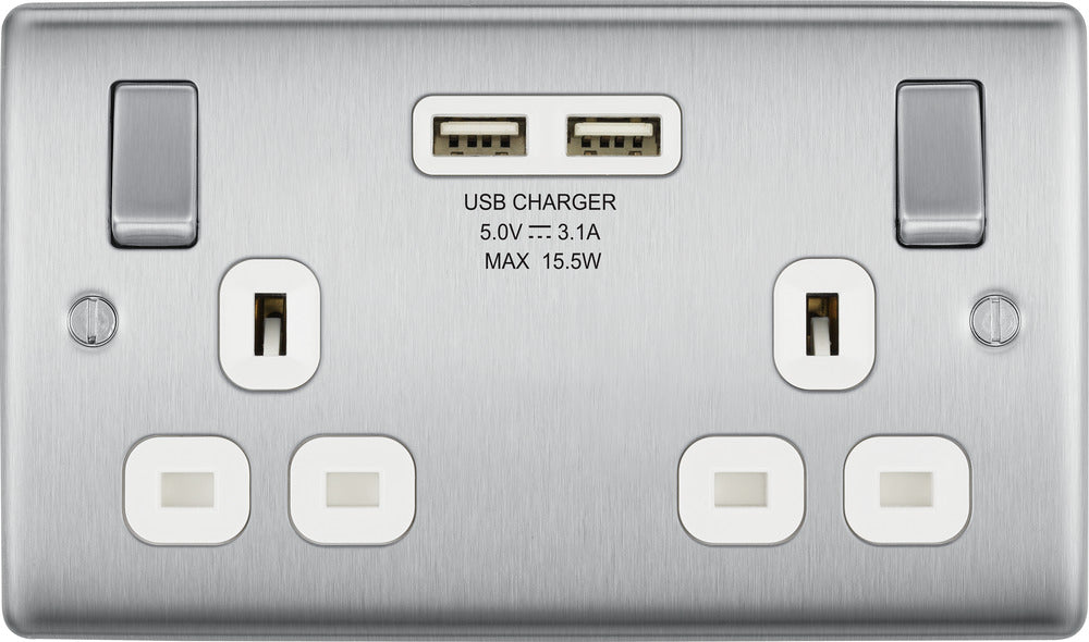 BG NBS22U3W Nexus Metal Double Socket + 2x USB(3.1A) - White Insert - Brushed Steel (10 Pack) - westbasedirect.com