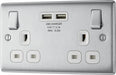 BG NBS22U3W Nexus Metal Double Socket + 2x USB(3.1A) - White Insert - Brushed Steel (5 Pack) - westbasedirect.com