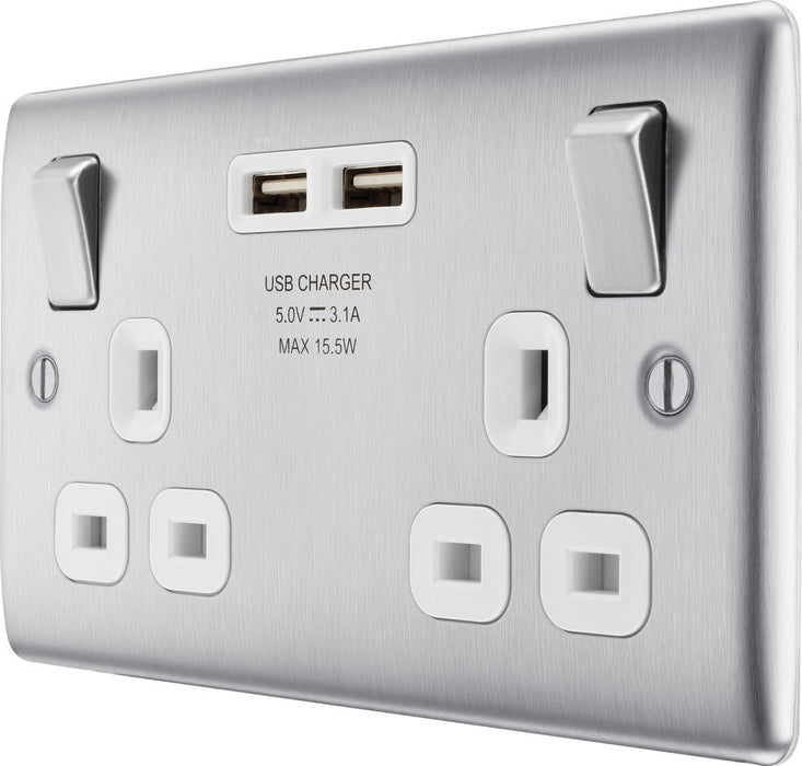 BG NBS22U3W Nexus Metal Double Socket + 2x USB(3.1A) - White Insert - Brushed Steel (5 Pack) - westbasedirect.com