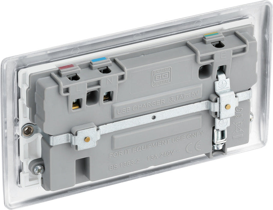 BG NBS22U3W Nexus Metal Double Socket + 2x USB(3.1A) - White Insert - Brushed Steel (10 Pack) - westbasedirect.com