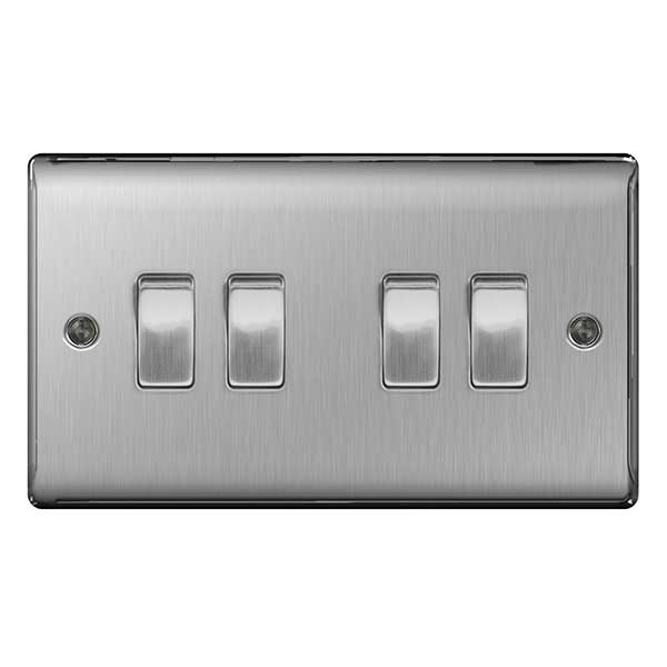 NBS44 Nexus Metal 16AX 2 Way Quadruple Light Switch Brushed Steel