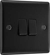 BG NFB42x5 Nexus Metal 20A 16AX 2 Way Double Light Switch - Matt Black + Black Rocker (5 Pack)