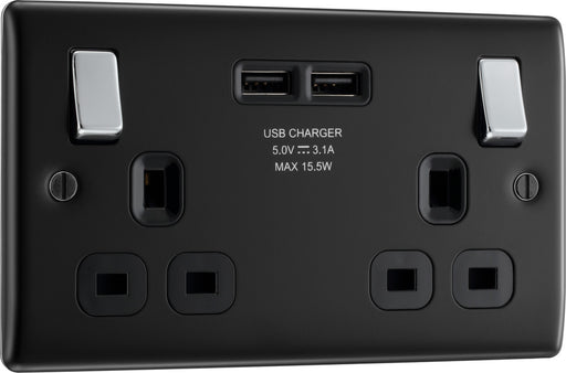 BG NMB22U3B Nexus Metal Double Socket + 2x USB /Black Insert - Matt Black - westbasedirect.com