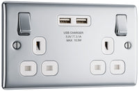 BG NPC22U3W Nexus Metal Double Socket + 2x USB - White Insert - Polished Chrome
