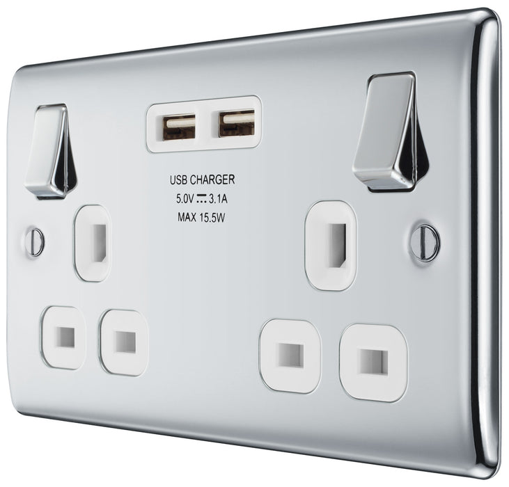 BG NPC22U3W Nexus Metal Double Socket + 2x USB - White Insert - Polished Chrome - westbasedirect.com