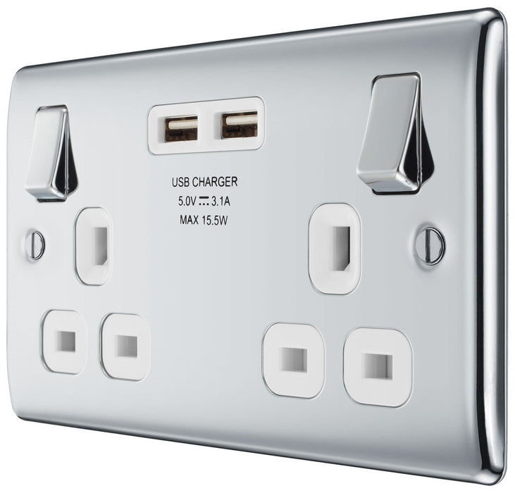 BG NPC22U3W Nexus Metal Double Socket + 2x USB - White Insert - Polished Chrome (5 Pack) - westbasedirect.com