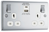 BG NPC22UAC30W Nexus Metal 13A Double Socket + USB A+C (30W) - White Insert - Polished Chrome