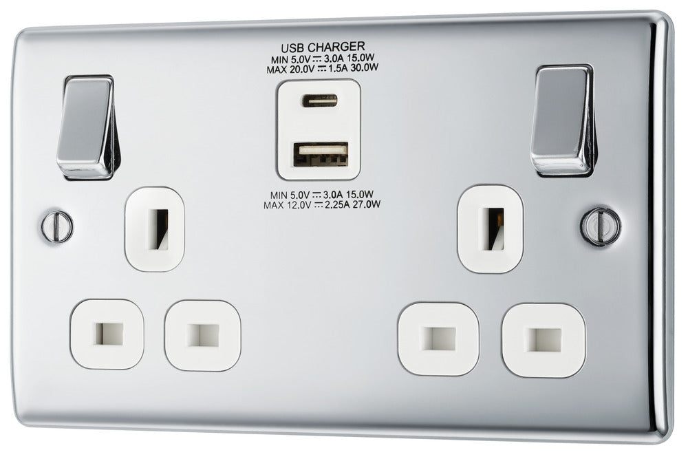 BG NPC22UAC30W Nexus Metal 13A Double Socket + USB A+C (30W) - White Insert - Polished Chrome - westbasedirect.com