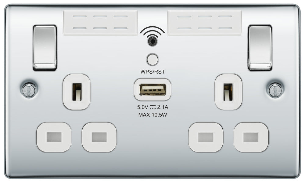 BG NPC22UWRW Nexus Metal Double Socket 13A + Wifi Extender +1x USB(2.1A) - White Insert - Polished Chrome - westbasedirect.com