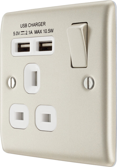 BG NPR21UW Nexus Metal Single Socket + 2x USB /White Insert - Pearl Nickel - westbasedirect.com